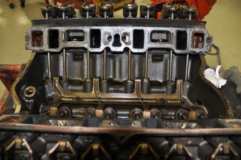 1996 Ford Bronco - Close-up view of an engine block's internal components, including pushrods and valve lifters.