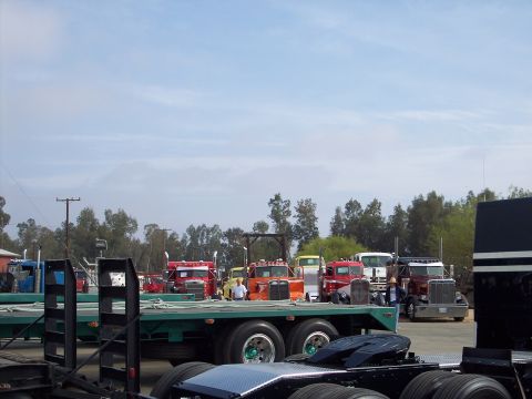 1981 Kenworth W900A - A variety of semi-trucks are parked in an outdoor lot, with a flatbed trailer dominating the foreground.