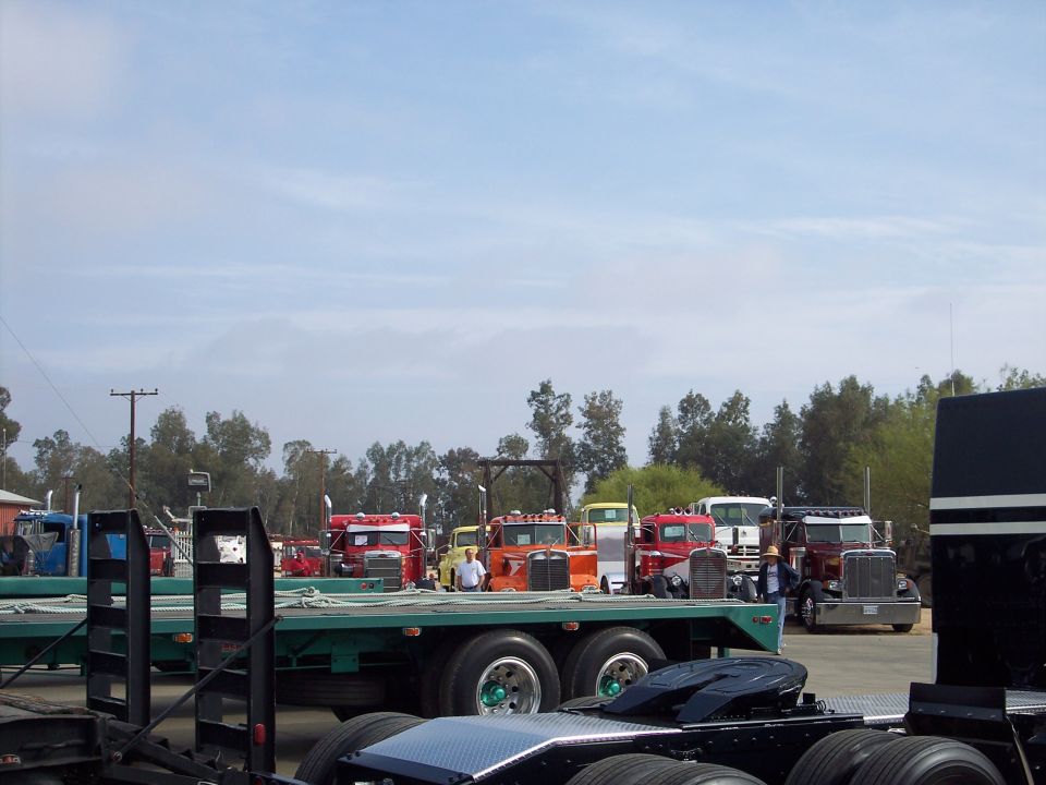 Several semi-trucks parked outdoors under a cloudy sky. A green flatbed trailer is in the foreground