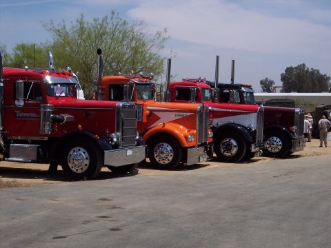 1981 Kenworth W900A - A line of vintage semi-trucks, including a red Thomson, an orange Kenworth, and a red and white truck, are parked outdoors.