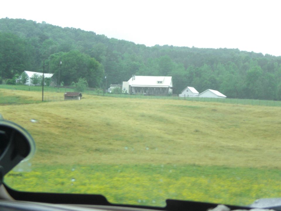 Rural landscape with houses, a small shed, and trees under a cloudy sky. A portion of a vehicle's interior is visible in the foreground