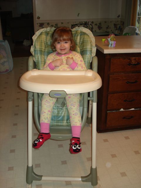 2000 Ford Crown Victoria - A young child sits in a high chair, smiling at the camera while wearing pajamas and cute ladybug slippers.