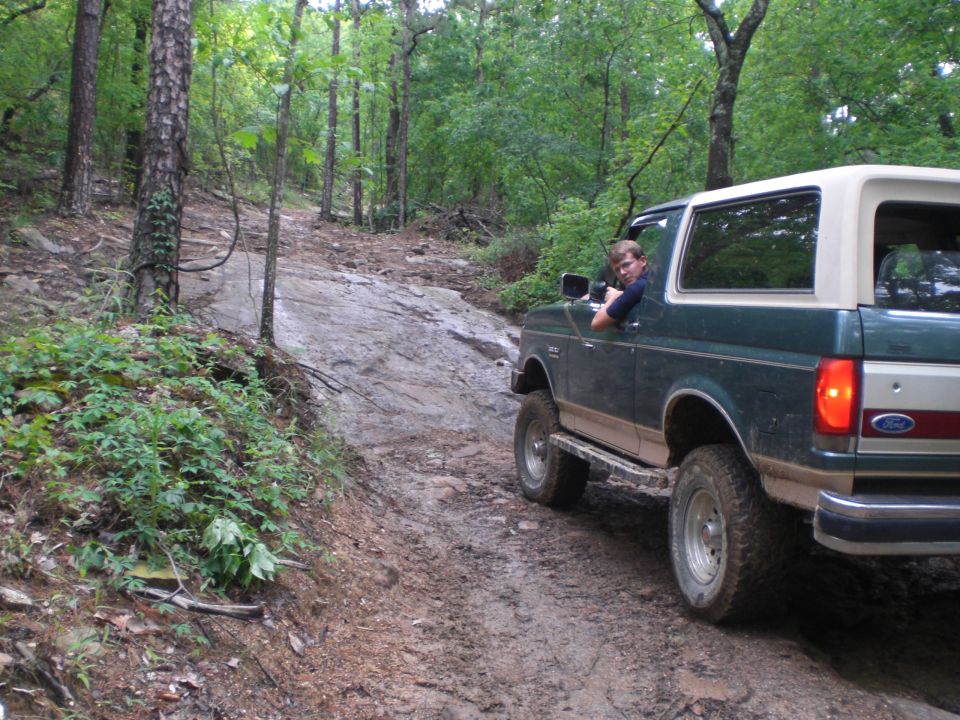 Green 1989 Ford Bronco on a wooded trail