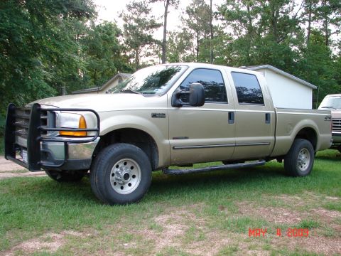 1987 Ford Bronco - A tan Ford F-250 Super Duty pickup truck with a white camper shell is parked in a grassy yard.