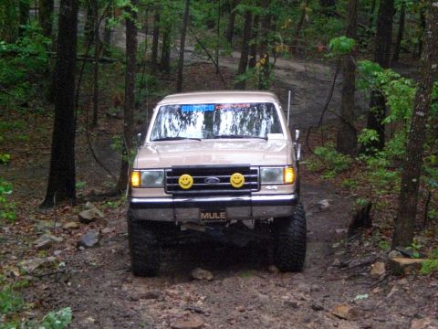 1989 Ford Bronco - A tan Ford Bronco navigates a muddy forest trail, its front end equipped with distinctive smiley face auxiliary lights.