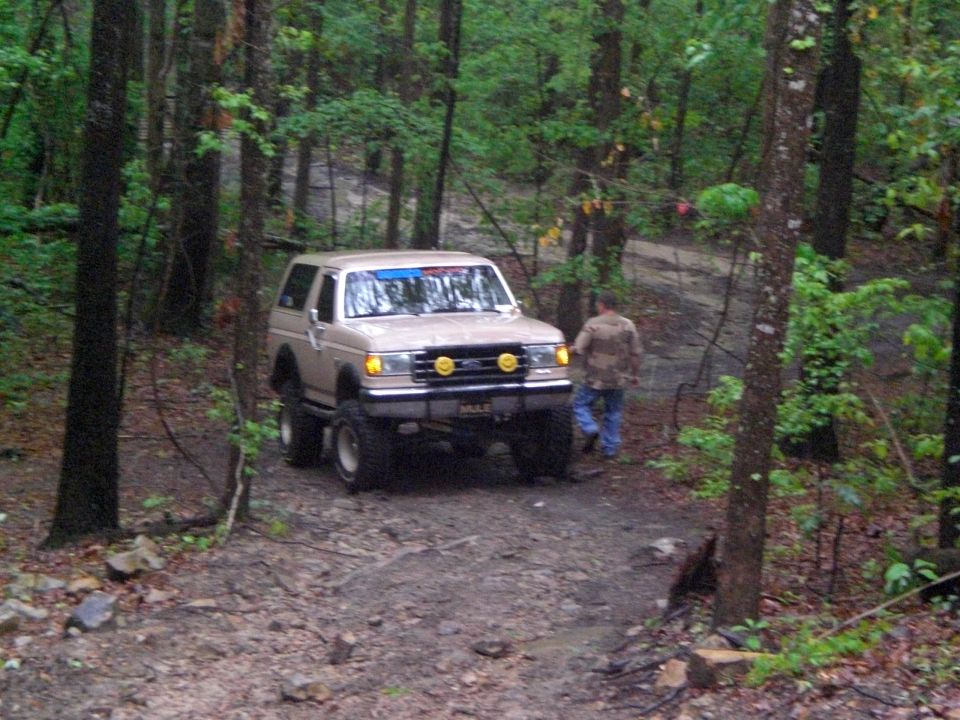 Tan 1989 Ford Bronco on a wooded trail