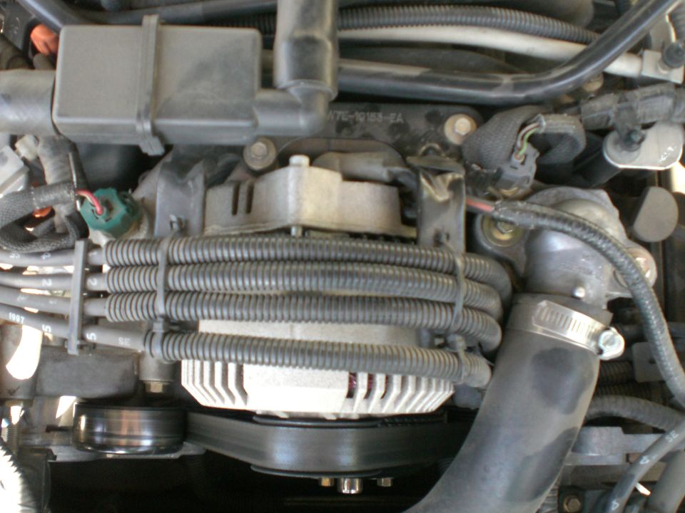 Engine bay with alternator, hoses, and wiring. Part number visible on black plastic housing