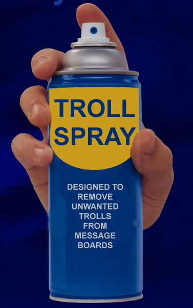 1990 Ford Bronco - A can of "Troll Spray" is held in a hand, with text detailing its purpose for message boards.