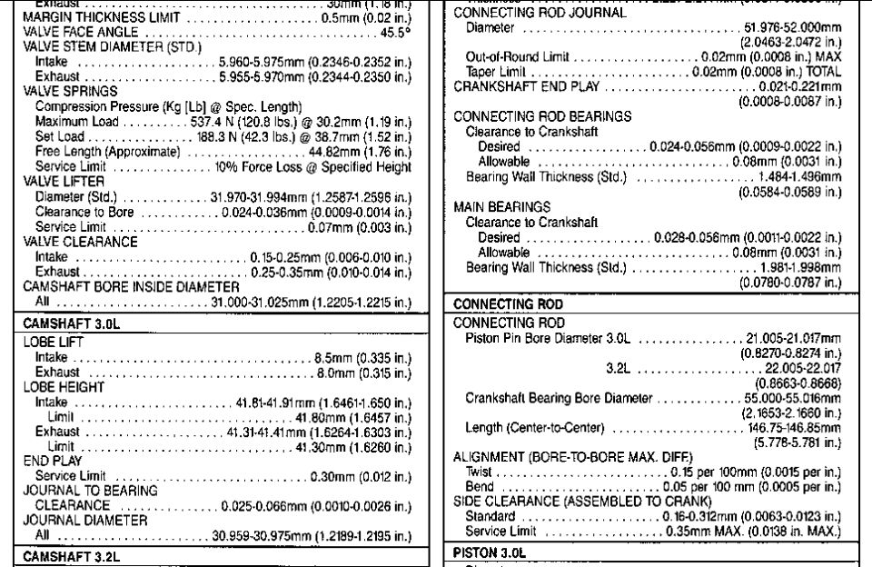 Engine specification page listing valve, camshaft, crankshaft, connecting rod and bearing dimensions for 3.0L and 3.2L
