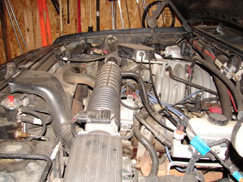 1996 Ford Bronco - Close-up view of a vehicle's engine compartment, showing various components and wiring.