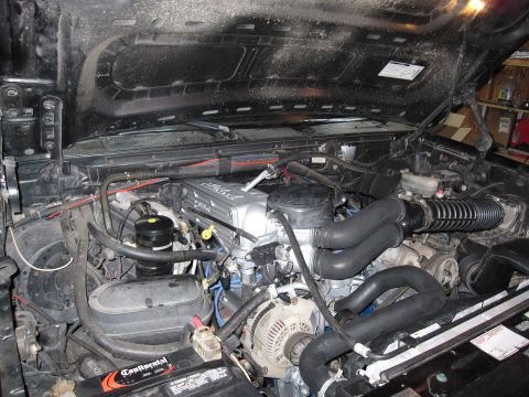 1996 Ford Bronco - Engine bay of a 1996 Ford Bronco, showing upgraded components including a supercharger.