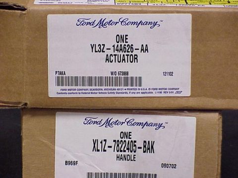 2007 Ford Mustang - Ford OEM parts box identification labels listing part numbers and barcodes for an actuator and handle.