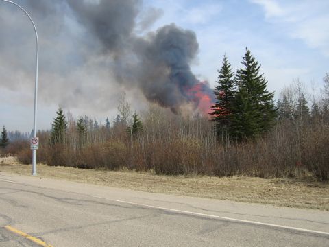 1996 Dodge 2500 - A wildfire rages in a wooded area, producing a large plume of dark smoke.