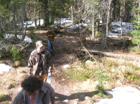 1996 Ford Bronco - Hikers traverse a forest path dotted with lingering snow patches.