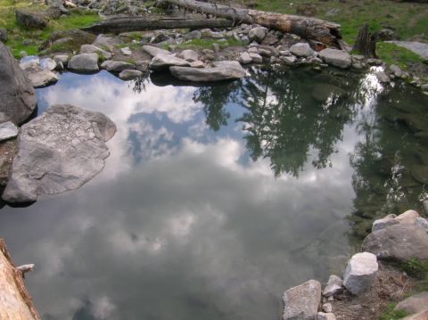 1996 Ford Bronco - A tranquil natural hot spring is bordered by rocks and fallen logs, reflecting the sky and surrounding trees.