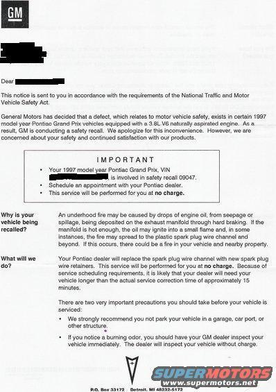 1997 Pontiac Grand Prix - Grand Prix recall letter 1