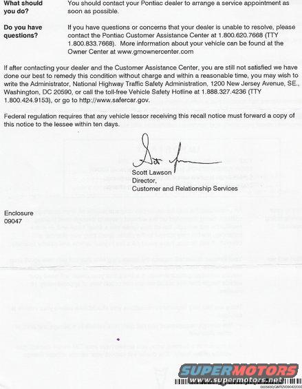 1997 Pontiac Grand Prix - Grand Prix recall letter 2