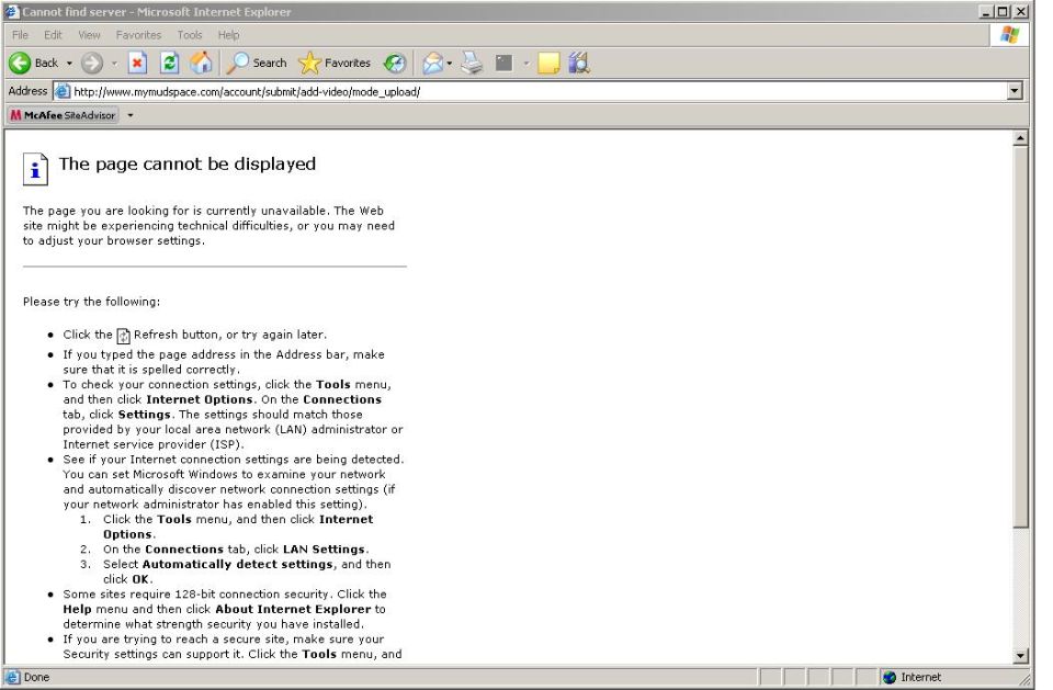 web page error saying 'The page cannot be displayed' with troubleshooting steps