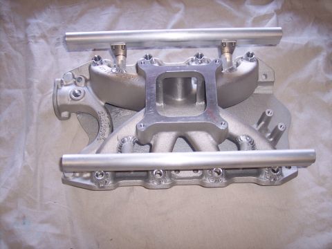 1971 Ford Mustang - Edelbrock intake manifold with fuel rails, ready for installation.