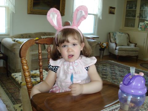 2000 Ford Crown Victoria - A young child sits in a wooden high chair, wearing pink bunny ears and a bib.