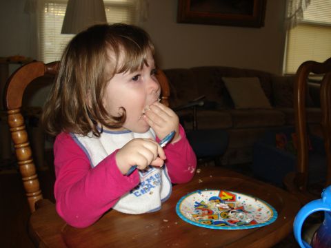 2000 Ford Crown Victoria - A young child is eating food from a plate at a wooden table.