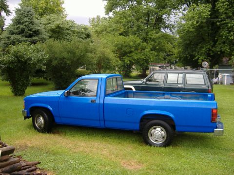 1992 Dodge Dakota - A bright blue pickup truck is parked on a grassy lawn next to a dark green SUV.