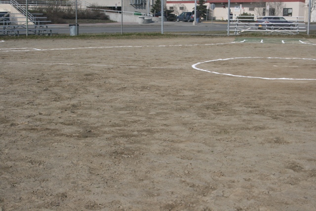 Softball field with bases marked by white lines, dirt infield, and grass outfield