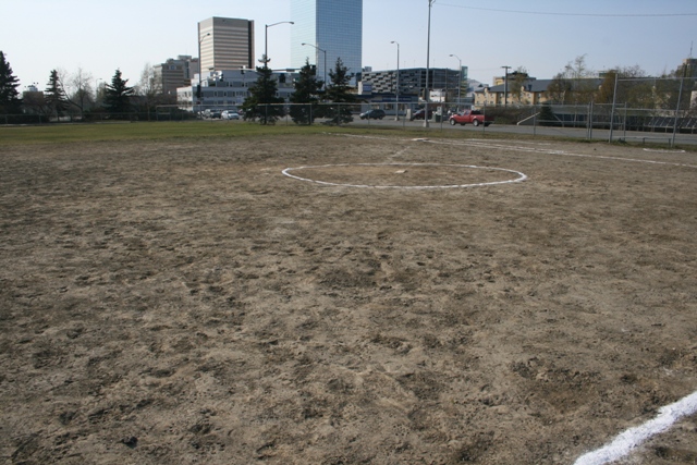 Baseball field with dirt infield and grass outfield, city buildings in background