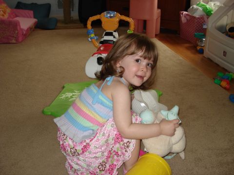 2000 Ford Crown Victoria - A young child plays with stuffed animals and toys in a room with carpet and wooden floors.