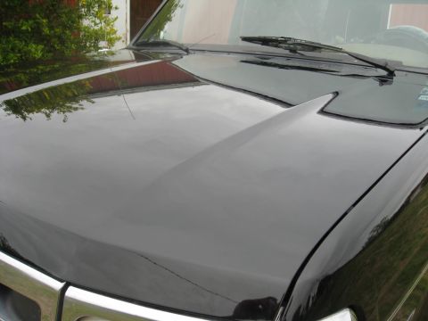 1994 Ford Bronco - The glossy black hood and windshield of a 1994 Ford Bronco are visible in this close-up shot.