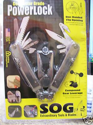 1984 Ford Bronco - The SOG PowerLock multi-tool is displayed in its retail packaging, highlighting its features like one-handed flip opening and compound gear…