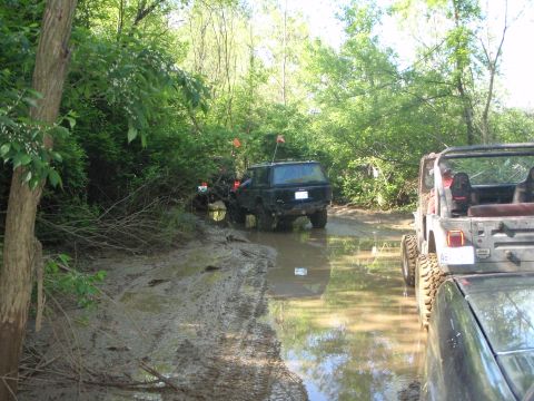 1996 Ford Bronco - Two off-road vehicles are stuck in the mud on a trail surrounded by dense foliage.