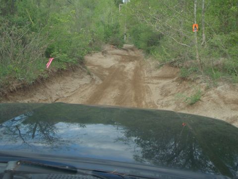 1996 Ford Bronco - Off-road track with tire marks visible, surrounded by trees and vegetation.