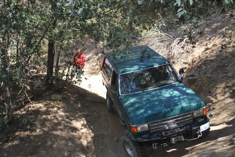 1996 Ford Bronco - A green SUV navigates a narrow dirt path surrounded by trees and foliage.