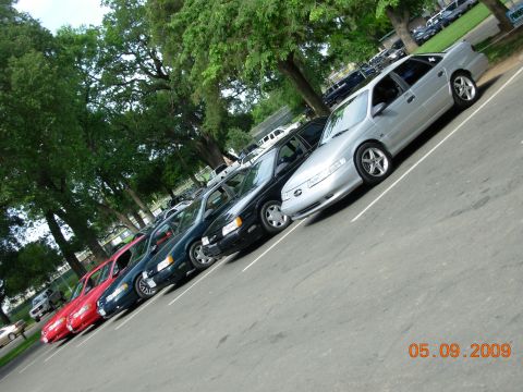 1995 Ford Taurus - A row of sedans, including a silver 1995 Ford Taurus, are parked in a lot with trees overhead.