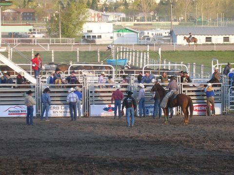 1996 Ford Bronco - Cowboys and horses gather in the arena during a rodeo event.