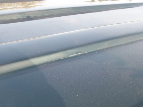 1995 Ford C-350 (Centurion Conversions) - Extreme close-up of a dark green painted body panel edge and adjacent seam, with a small chip or scrape in the paint along the raised ridge…