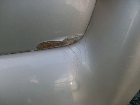 1995 Ford C-350 (Centurion Conversions) - The paint on this vehicle panel is cracking and showing signs of rust underneath.