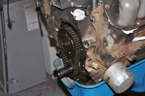 1996 Ford Bronco - Close-up view of engine timing components, including a chain and gears, with an oil filter visible.
