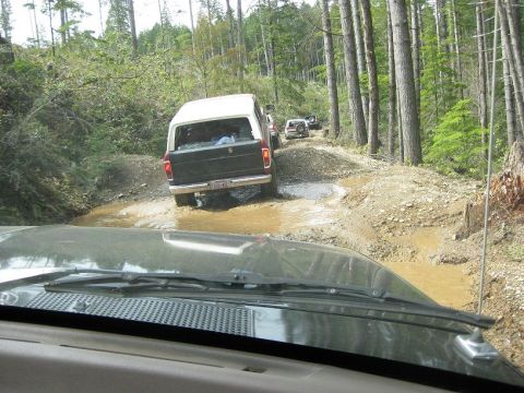 1992 Ford Bronco - A convoy of SUVs navigates a muddy trail in a forest, led by a 1992 Ford Bronco.
