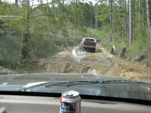 1992 Ford Bronco - A 1992 Ford Bronco leads a convoy on a challenging off-road path through a forest.