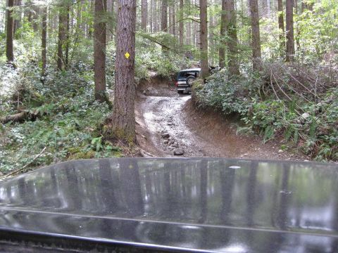 1992 Ford Bronco - A dark SUV navigates a wooded trail, with the front of another vehicle visible in the foreground.
