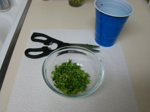 1989 Ford Bronco - A close-up scene shows chopped herbs, scissors, and a blue cup on a countertop.