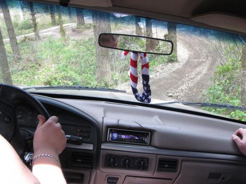 1992 Ford Bronco - Driving on a dirt road through trees, seen from inside the vehicle's cabin.