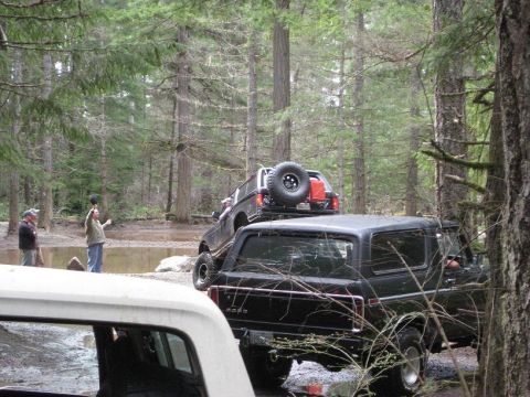 1992 Ford Bronco - Two SUVs are parked in a wooded area, one with a spare tire mounted on its roof.