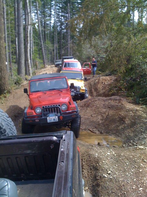 1992 Ford Bronco - Several Jeeps navigate a challenging off-road course through a wooded area.