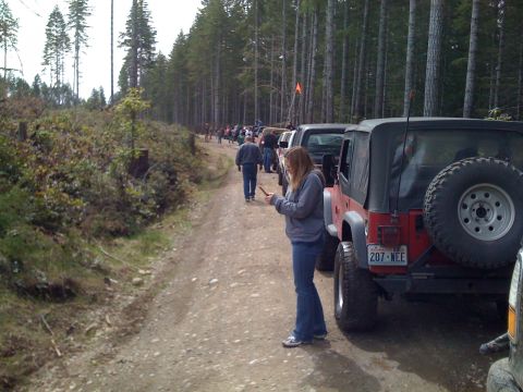 1992 Ford Bronco - Several Jeeps are lined up on a dirt road in a wooded area, with people gathered near them.