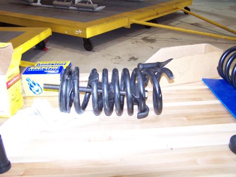 1973 Ford Ranchero - spring compressor tool being used to install new front coil springs; this is a lot of work and DANGEROUS!