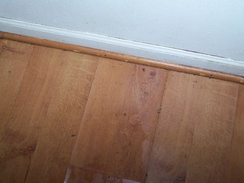 1978 Ford Bronco - A view of a wooden floor meeting a baseboard and wall, with some debris scattered on the surface.