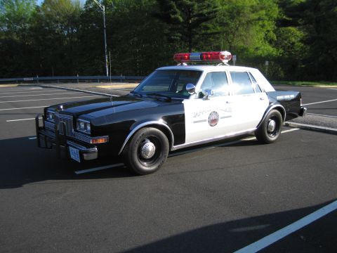 1991 Ford LTD Crown Victoria - black-and-white vintage police sedan with a red lightbar parked diagonally in an empty paved lot beside trees.